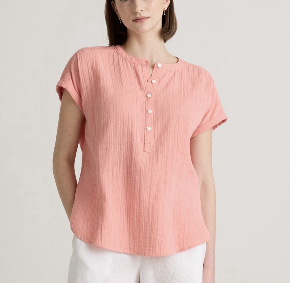 Quince Organic Cotton Gauze Roll Sleeve Shirt Coral Blush Henley Top Small